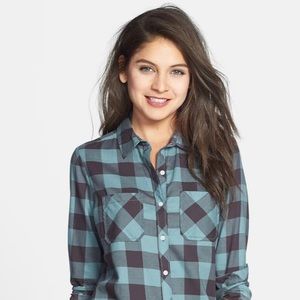 Nordstrom Checkered Button Down Top Blue Medium